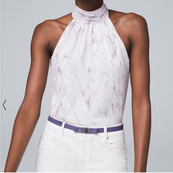 White House Black Market snake print halter tank white lavender high mock neck - Picture 1 of 7